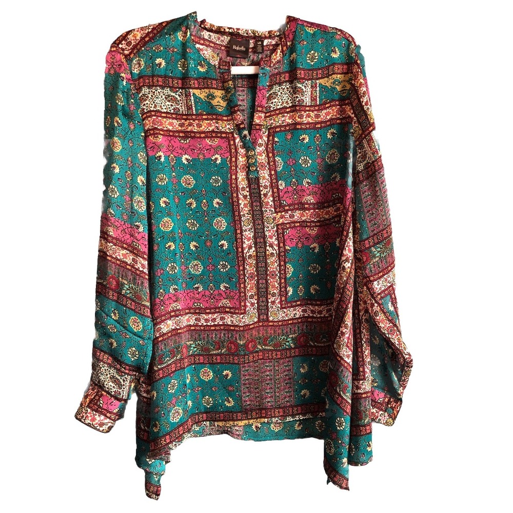 Rafaella Womens Blouse Large Paisley Pattern Vneck‎ Shirt Top Long Sleeve Boho